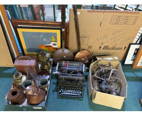 Underwood typewriter and a collection of metalware, incl. bed warmers, oil lamps, etc. (6 boxes)