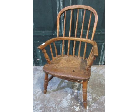 Victorian ash and elm childs stick back Windsor chair, on turned supports