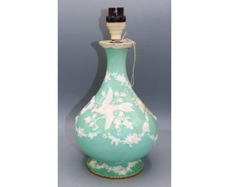 Royal Crown Derby Chinese Birds pattern mint green and white table lamp, H25.5cm excl. fitting