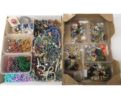Large collection of vintage and modern costume jewellery including beads, brooches, rings etc. (2 boxes)