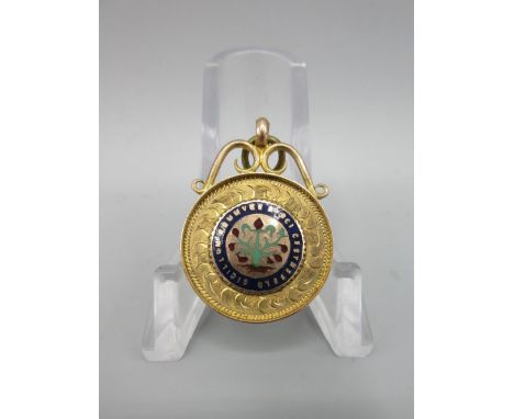 9ct yellow gold and enamel fob, with personalised engraving to reverse, stamped 375, 3.5g