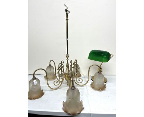 Lacquered brass five-branch chandelier, H72cm, and a banker's lamp with green shade, H33cm (2)