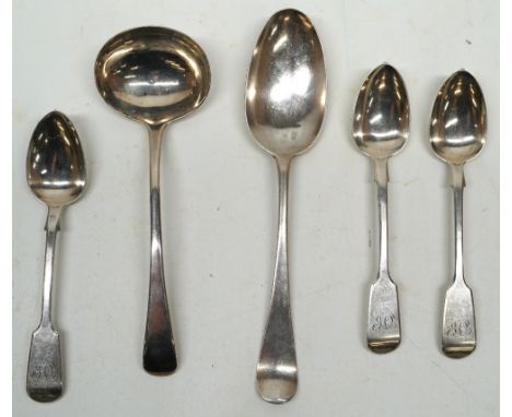 George II silver monogrammed tablespoon with Hanoverian finial, makers mark rubbed, London 1755, George III silver ladle with