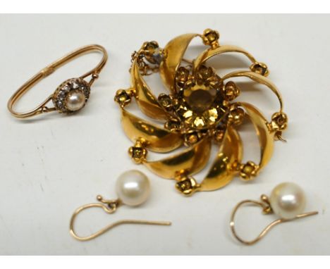 9ct yellow gold scarf ring set with white stone and pearl cluster, stamped 9ct, 1.60g, a yellow metal brooch set with central
