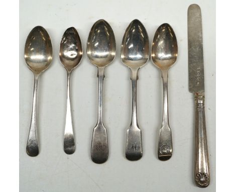 George III silver teaspoon in fiddle pattern with family crest depicting dog on finial by William Eley, William Fearn &amp; W