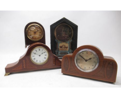 Swiss 8 day mahogany timepiece, inlaid case with boxwood stringing, 3 1/2" white enamel Roman dial, H15cm; two other timepiec