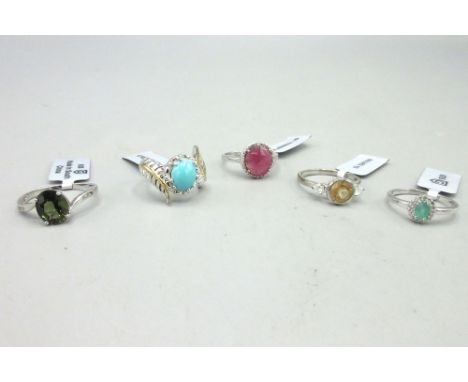 Gemporia silver ring set with large ruby, size U, and four other Gemporia silver rings set with various stones, all stamped 9
