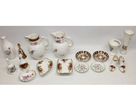 Collection of porcelain incl. Royal Crown Derby Imari bell with no clapper H12cm, two Coalport reproduction of Caughley mask-