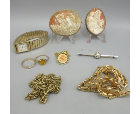 9ct yellow gold ring set with citrine, stamped 375, size R, 2.1g, and a collection of yellow metal jewellery including cameo 