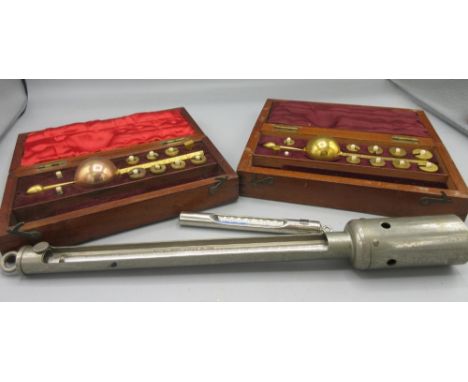 Sikes' 48 Hatton Garden, London, mahogany cased hydrometer; another cased hydrometer; G.H. Zeal, London thermometer and one o