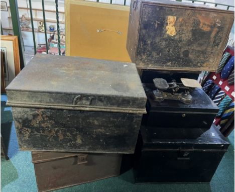 Collection of deed boxes and a set of postal scales, max. W56cm (10)
