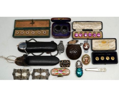 Three boxed sets of antique dress studs, two pairs of yellow metal glasses, a pair of Victorian shoe buckles, a silver plate 