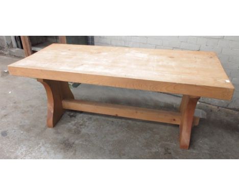 Swedish pine rectangular dining table, substantial top on solid end supports with pegged stretcher, L191 D84cm H78cm and a se