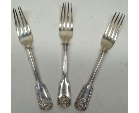 Three Victorian silver dessert forks in kings pattern, reverse finial monogrammed, by Chawner &amp; Co, London 1844, L17.5cm,