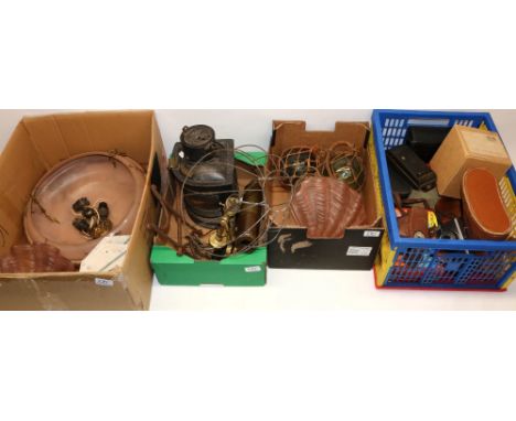 Brass gimbal lamp, Port ship's light, three glass floats, telescope stamped Trymf Sheffield, vintage cameras, Art Deco light 