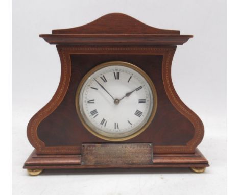 20th Century 8 day mahogany mantle timepiece, squat lyre shaped case with boxwood stringing bearing presentation plaque from 
