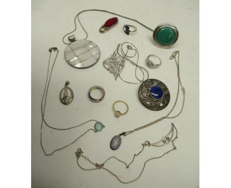 Collection of silver jewellery including a Wedgwood cameo pendant necklace, a Celtic style brooch set with polished Lapis Laz