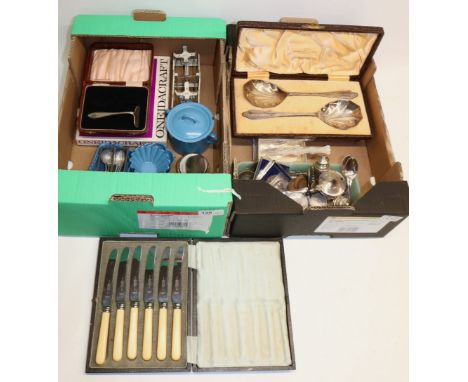 Collection of cased sets of silver plate cutlery and loose items, mother of pearl cocktail sticks, blue enamel kitchen items,