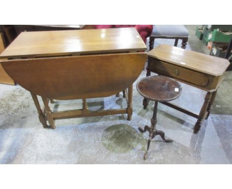 20th century oak gateleg dining table, an oak single drawer side table and a tripod wine table (3)