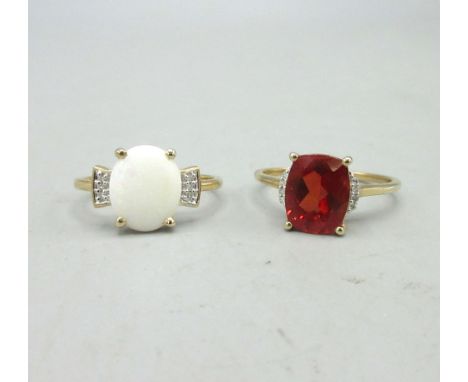 10ct yellow gold ring set with red stone and diamonds, size R1/2, and a 9ct yellow gold ring set with opal and diamonds, size