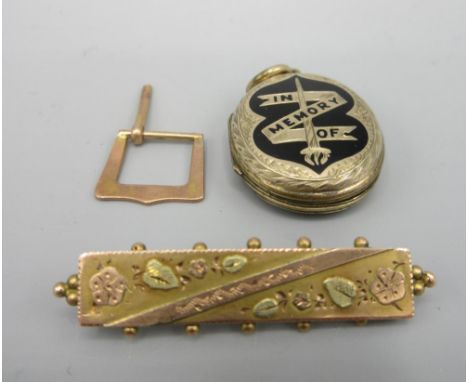 9ct rose and yellow gold bar brooch with leaf detail, AF, a 9ct gold buckle, both stamped 375, 2.7g, and a pinchbeck and blac