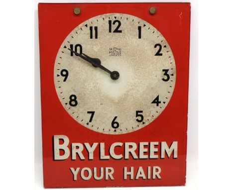 Vintage glass Brylcreem advertising clock, converted to quartz, A/F, 28cm x 36cm