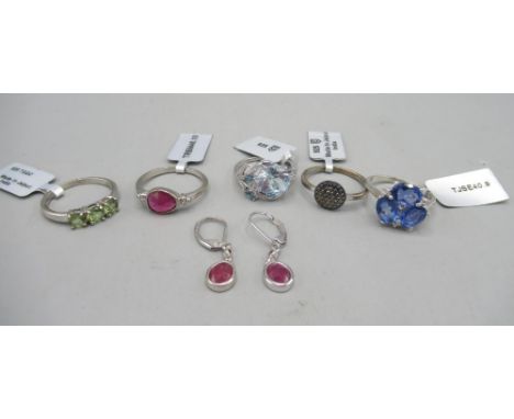 Gemporia silver ring set with large cut ruby, size U, a matching pair of silver drop earrings, and four other Gemporia silver