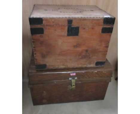 Tin flat top trunk with stained and grained faux detail and an early C20th pine storage box with studded detail 56cm x 43cm x