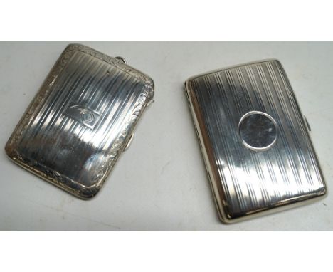 George V silver cigarette case decorated with striped of engine turned pattern and vacant cartouche by Henry Matthews, Birmin