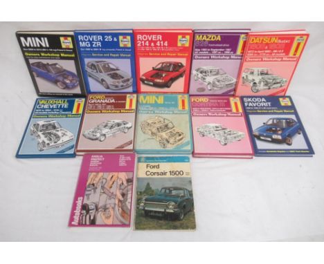 Collection of Haynes manuals on Minis, Rovers, Mazda, etc. with a autobooks manual for the Anglia Prefects &amp; a RAC  Ford 