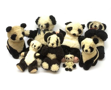 Seven English panda bears 1950s-60s including Farnell with fixed head and limbs, glass type eyes and vertically stitched nose
