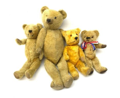 Four English teddy bears 1930s-50s comprising two by Chiltern; another in the Chiltern style; and one by Chad Valley, largest