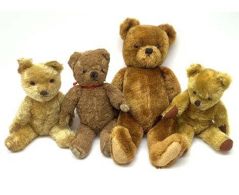 Four 1950s English teddy bears including a Chad Valley brown alpaca wool with revolving head, glass type eyes, vertically sti