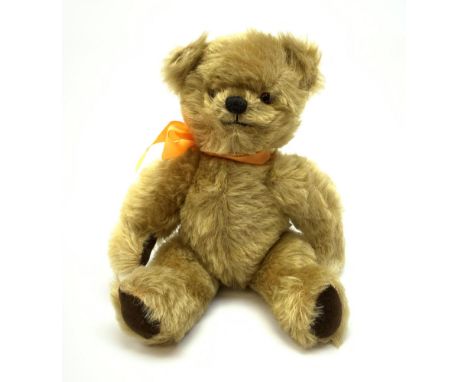 Chad Valley Hygienic Toys teddy bear c1950, kapok filled mohair plush body with original factory given yellow neck ribbon, jo