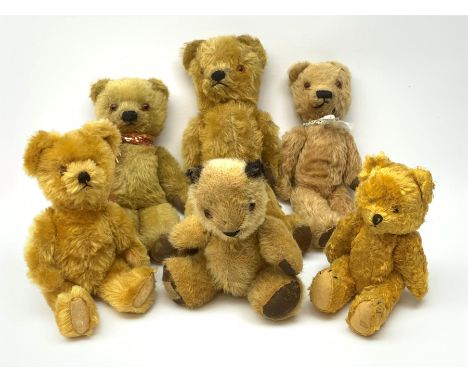 Six 1950s small teddy bears including Chad Valley Sooty type with glass type eyes, horizontal stitched nose and mouth and joi