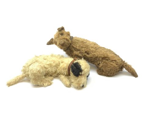 English caramel fudge coloured seated Cairn style terrier dog c1930s-50s with wood wool filling, swivel jointed head with ori