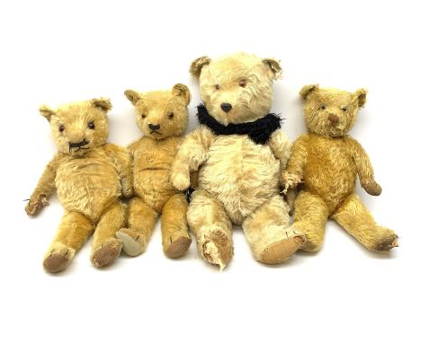 Four English teddy bears 1930s-50s including two by Chad Valley each with swivel jointed head, glass type eyes, horizontally 