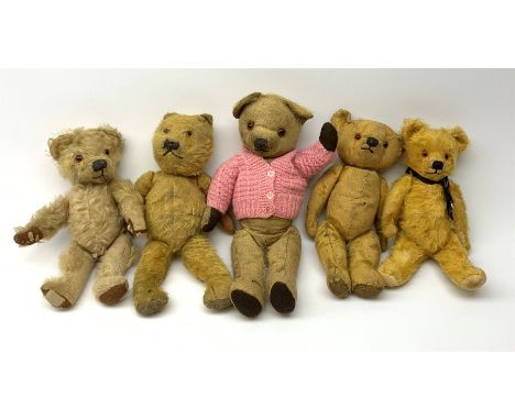 Five English teddy bears 1930s-50s including Chad Valley with swivel jointed head, glass type eyes and vertically stitched no