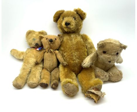 Three 1950s teddy bears including Chiltern dog type looking baby bear with tail, circular felt nose and stitched mouth and jo