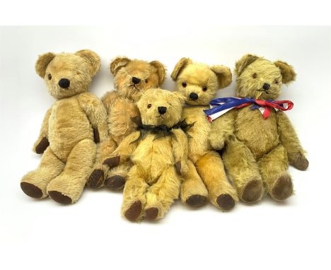 Five English teddy bears 1940s-50s including Pedigree with swivel jointed head, glass eyes, vertically stitched nose and mout