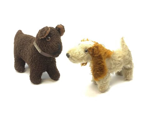Farnell type small spaniel dog c1930s with white body and cinnamon ears and nape, glass eyes and vertically stitched nose and