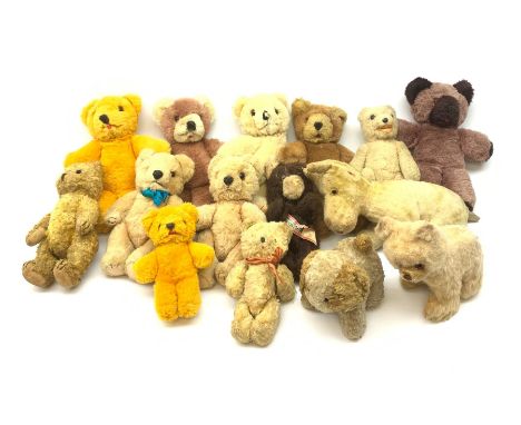 Fifteen small English and European teddy bears and animals, 1950s-70s, including two with open mouths and one with Gruss Aus 