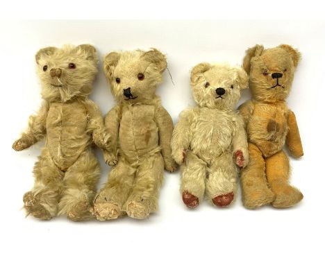 Four English teddy bears 1930s-50s including Pixie Toys bear with swivel jointed head, glass type eyes and brown vertically s