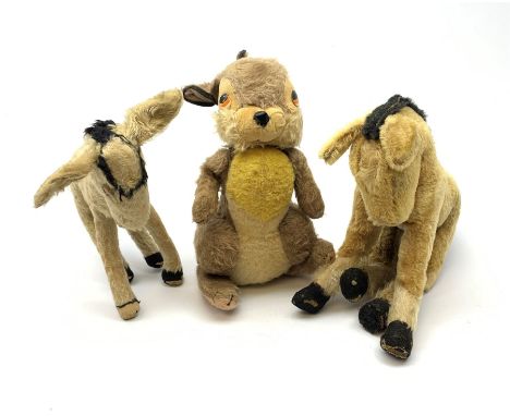 Three 1950s Merrythought animals comprising Disney Thumper rabbit standing on hind legs with revolving head H33cm; and two do