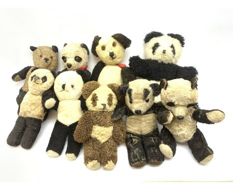 Seven English panda bears c1930s-50s including two Pedigree with plastic dog noses H29cm; Farnell Alpha, Chiltern etc; togeth