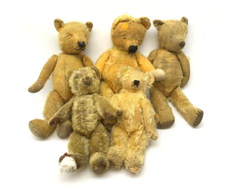 Five English teddy bears 1930s-50s comprising Merrythought, Chad Valley, two Chiltern and another, all for restoration or spa