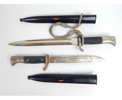 A WW2 German Fire service knife with scabbard (blade length 25cm) with associated portepee but without any marking together w