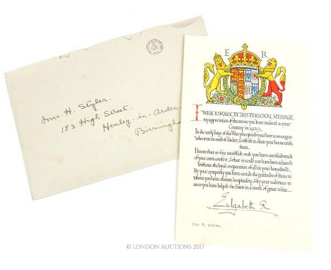 A WW2 certificate of thanks send by the Queen to members of the public who took in evacuees, signed by Elizabeth (Queen's Mot