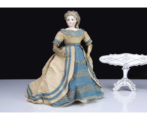 A fine Eugene Barrois pressed bisque swivel head fashionable doll 1860s, with dark blue striated glass eyes, light brown feat