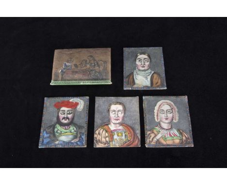 A 19th century Optical Magic Picture toy,  four hand-coloured cards showing portraits and three glass slides with hand painte